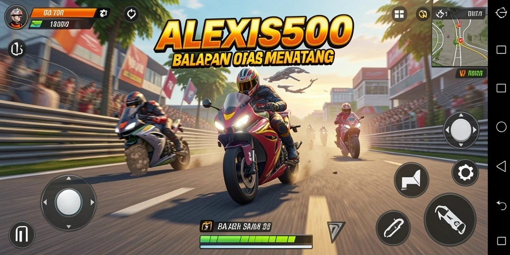 Tampilan gameplay ALEXIS500 yang menegangkan saat balapan motor.
