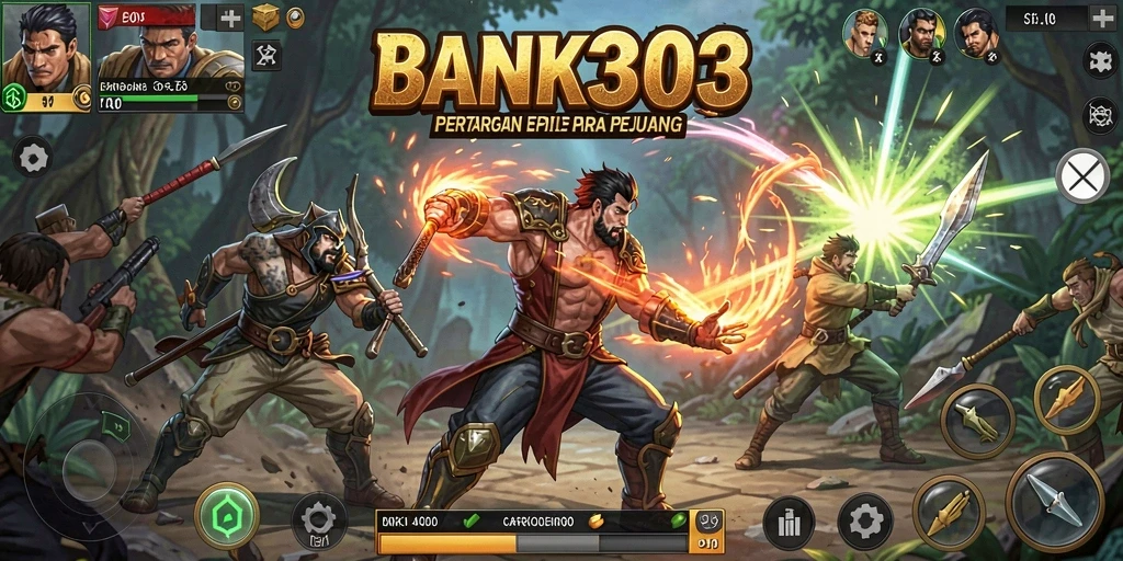 Screenshot utama BANK303 menunjukkan pertarungan intens dan gerakan karakter yang dinamis.