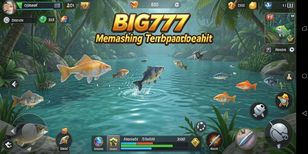 Screenshot menunjukkan gameplay memancing yang seru dan interaktif.