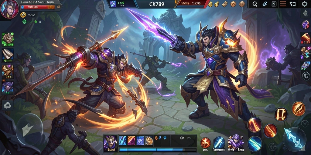 Screenshot CK789 menampilkan aksi seru dalam pertarungan tim di arena MOBA.