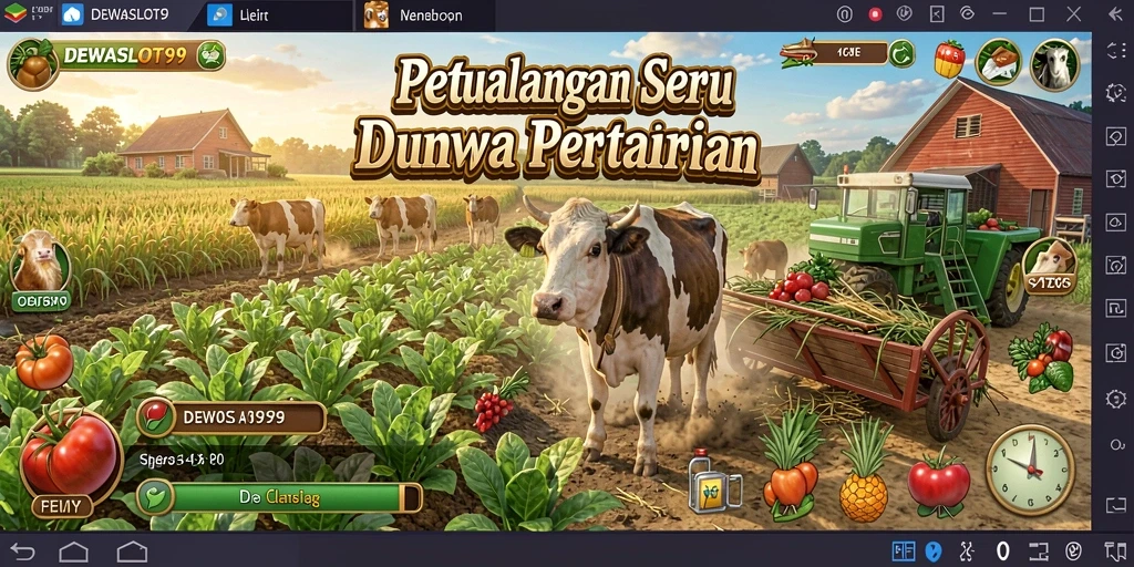 Tampilan gameplay seru DEWASLOT99 saat bertani dan merawat hewan.