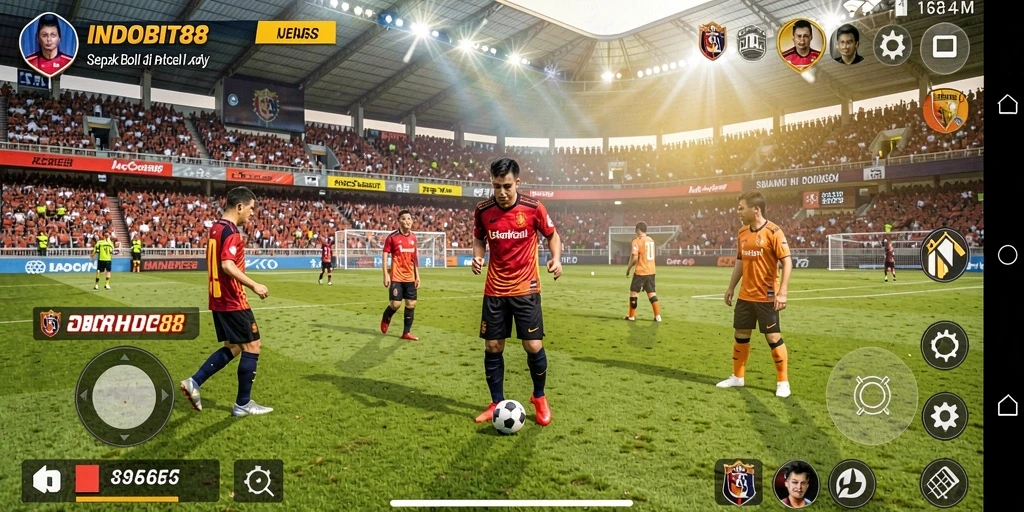 Tampilan gameplay menarik dari INDOBIT88 saat pertandingan sepak bola berlangsung.