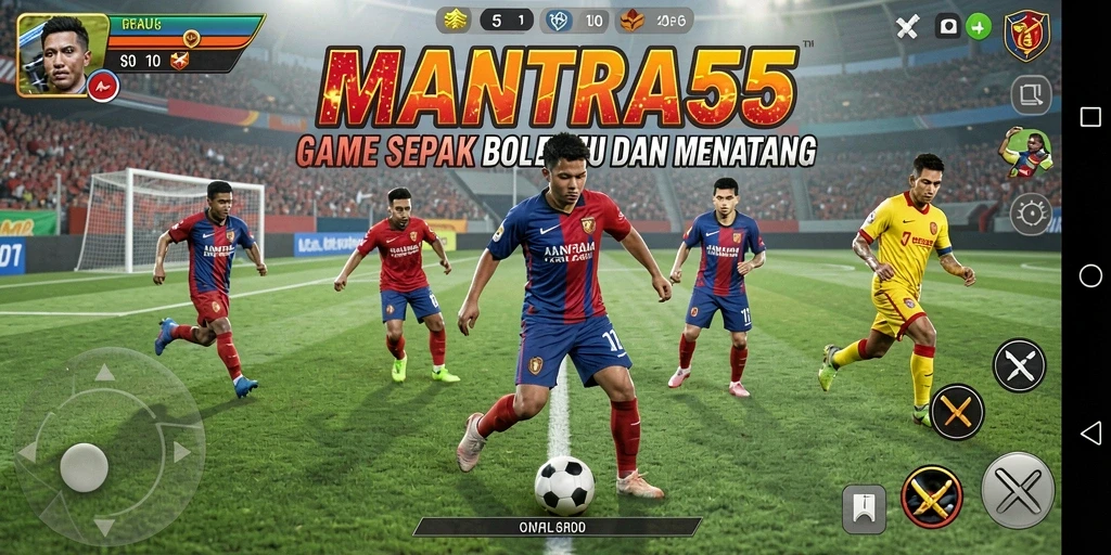 Tampilan utama gameplay MANTRA55 dengan aksi sepak bola yang seru.