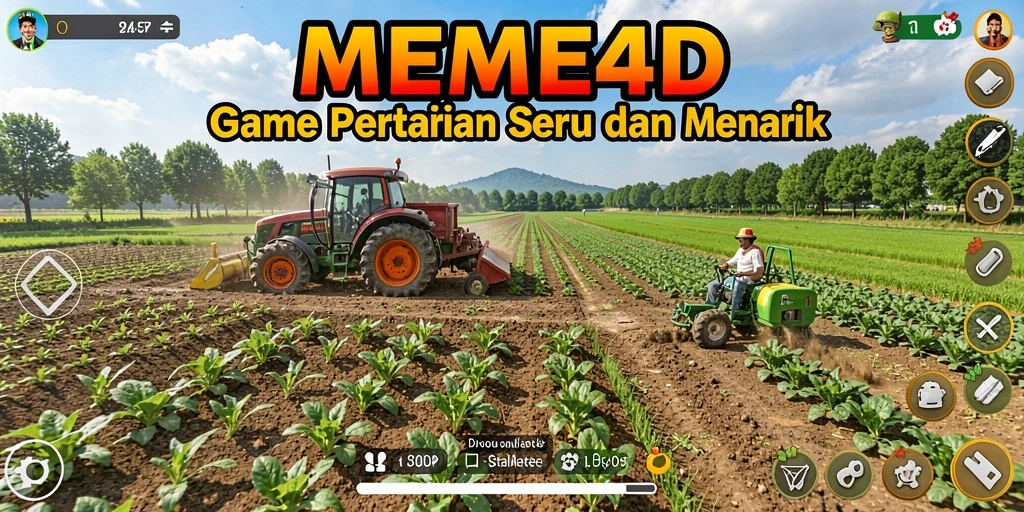 Screenshot gameplay MEME4D menampilkan ladang yang berwarna-warni dan hewan ternak.