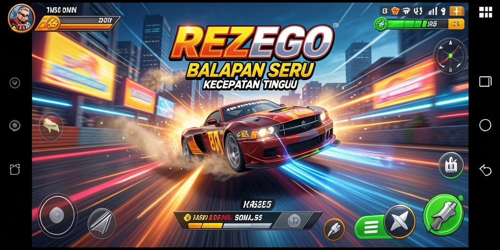 Tampilan gameplay balapan seru di REZEGO dengan kendaraan cepat.