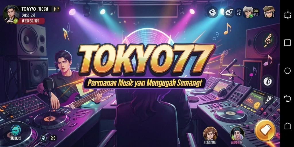 Screenshot gameplay TOKYO77 menampilkan aksi bermain musik yang dinamis.