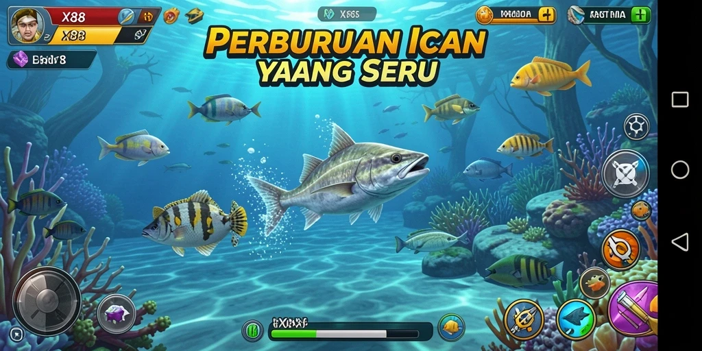 Tampilan gameplay seru dari X88 yang menggambarkan aktivitas memancing.